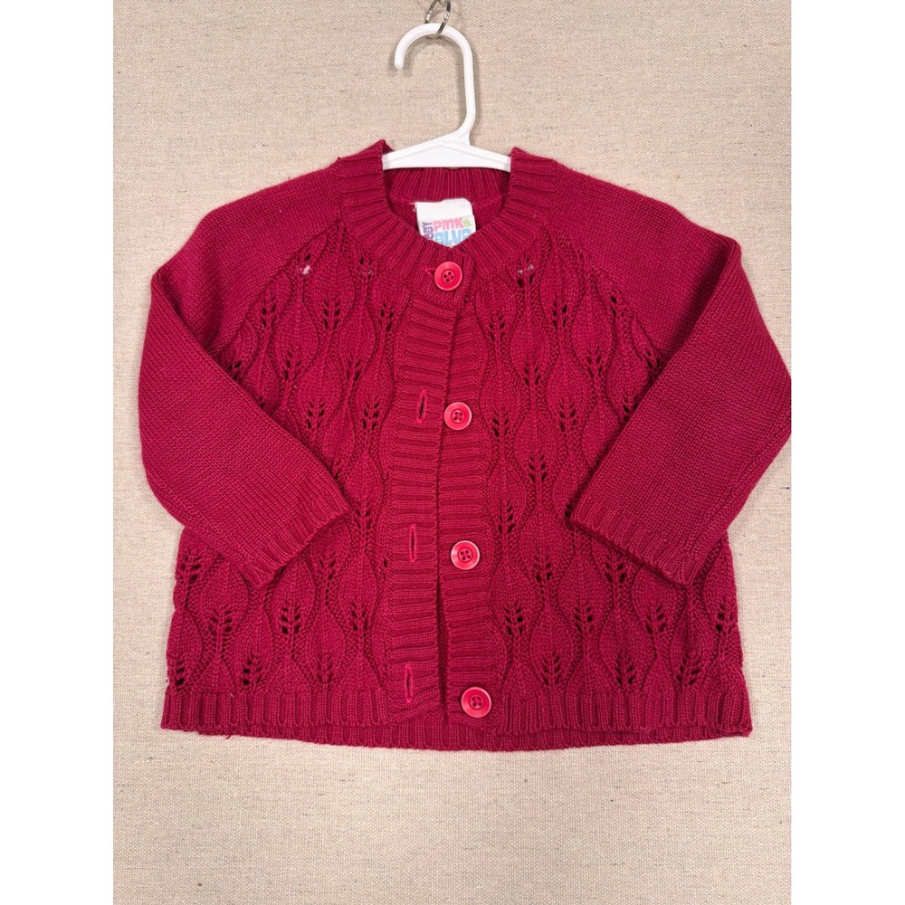 Baby Pink & Blue Girls Red Pointelle Knit Button Front Cardigan Sweater Size M